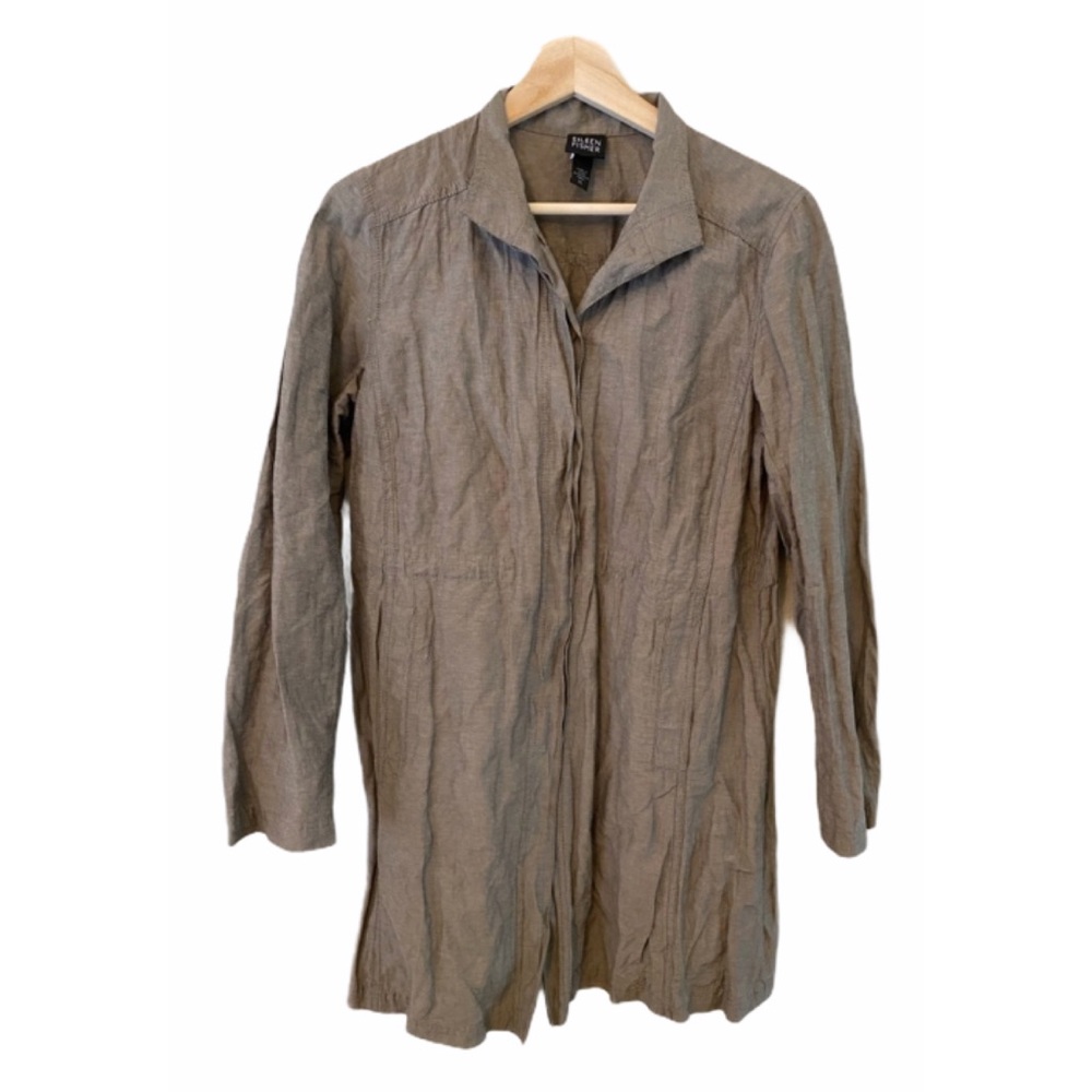 Eileen Fisher Beige Metallic Cotton Button Down Blazer Blouse